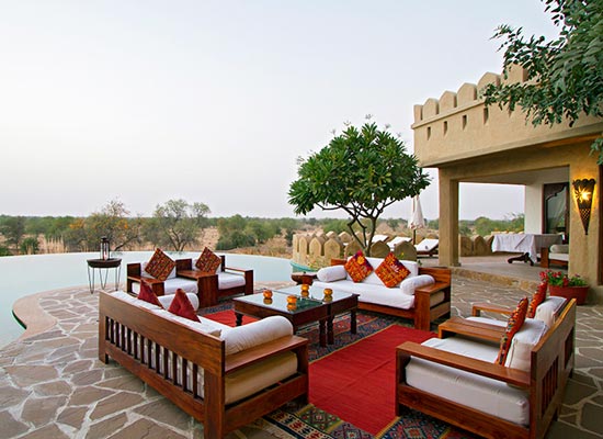 Mihir Garh jodhpur dining area with lake view